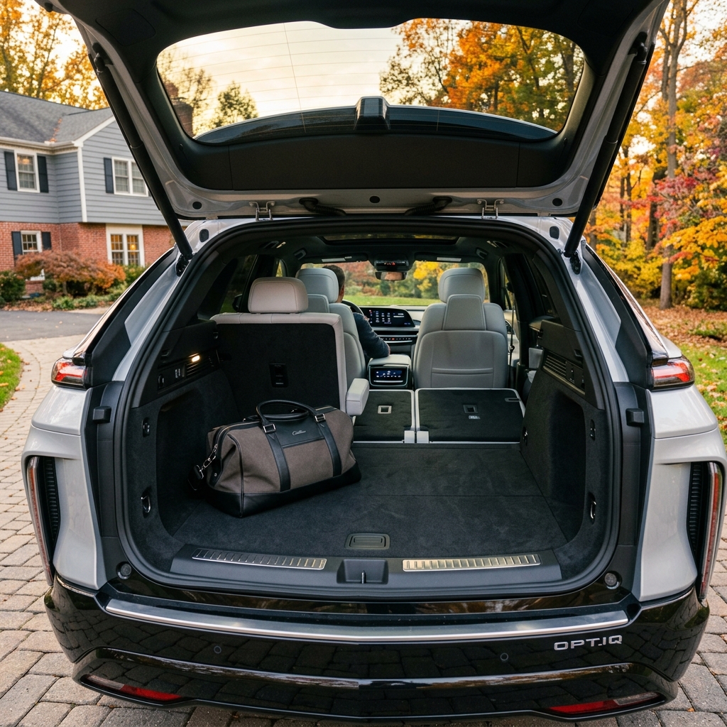 Rear view of an open trunk of a silver Cadillac OPTIQ EV showing split-folded rear seats and a duffel bag. (Representative image for illustration purposes only. Actual vehicle may vary based on trim and configuration.)