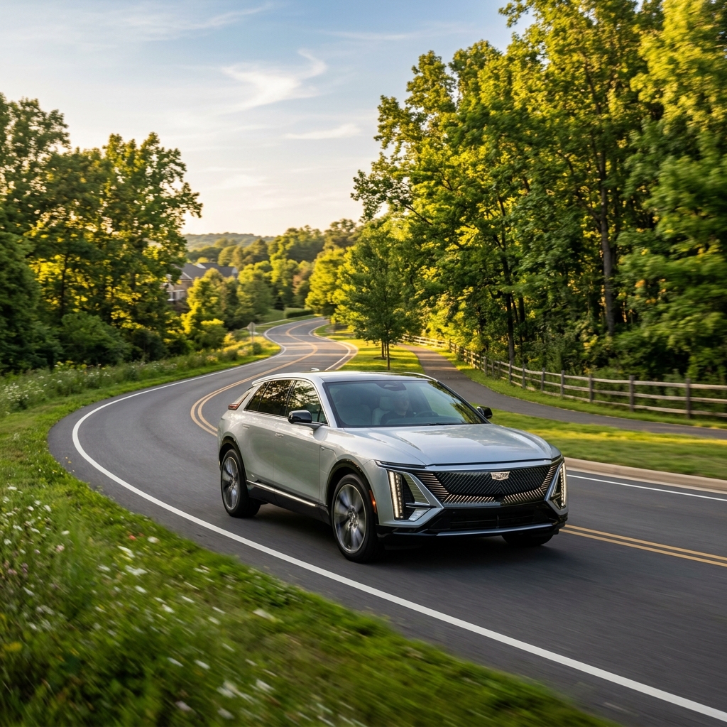 Silver Cadillac Lyriq electric SUV driving along a winding asphalt road through a leafy green countryside. (Representative image for illustration purposes only. Actual vehicle may vary based on trim and configuration.)