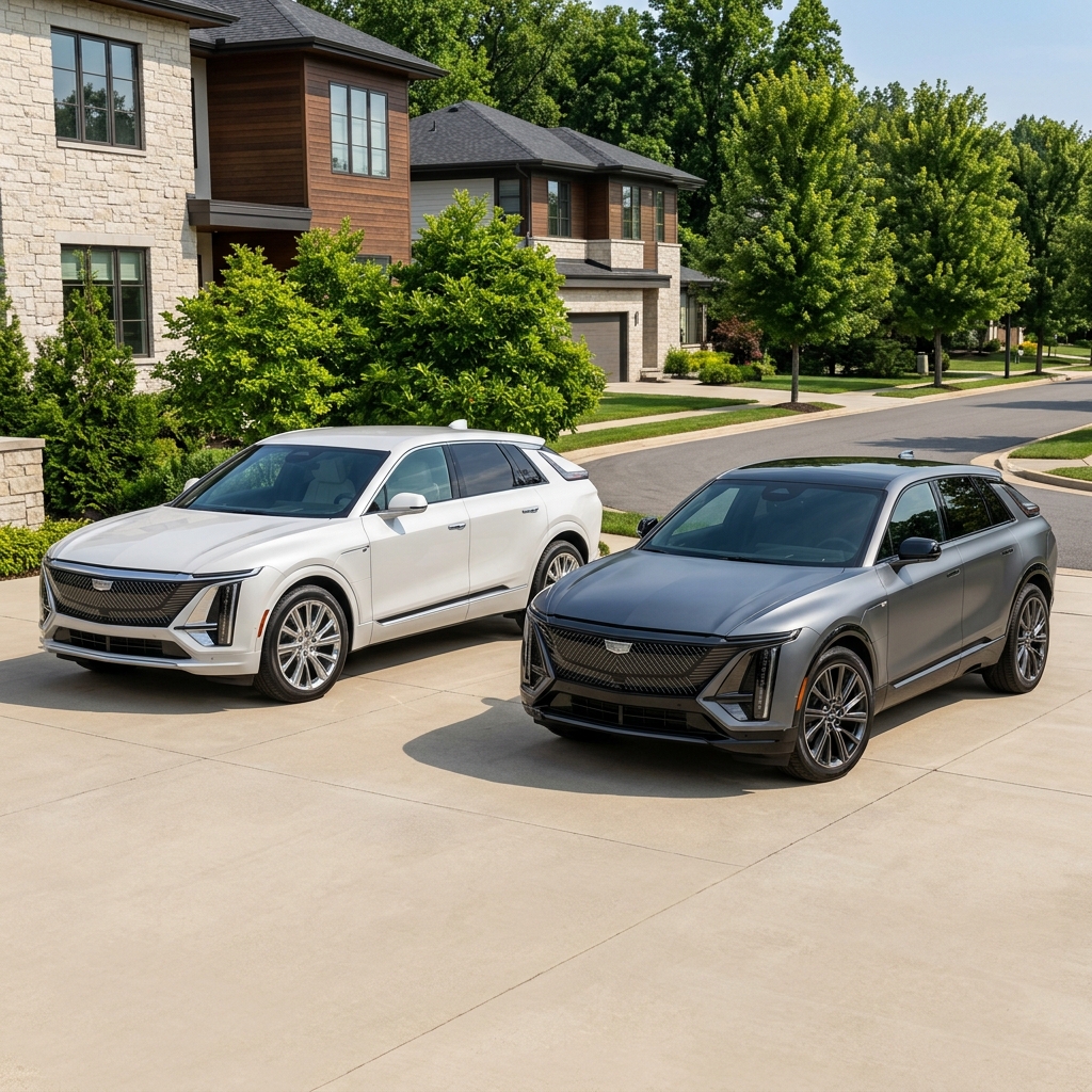White and dark gray Cadillac Lyriq electric SUVs parked side by side on a paved suburban driveway. (Representative image for illustration purposes only. Actual vehicle may vary based on trim and configuration.)