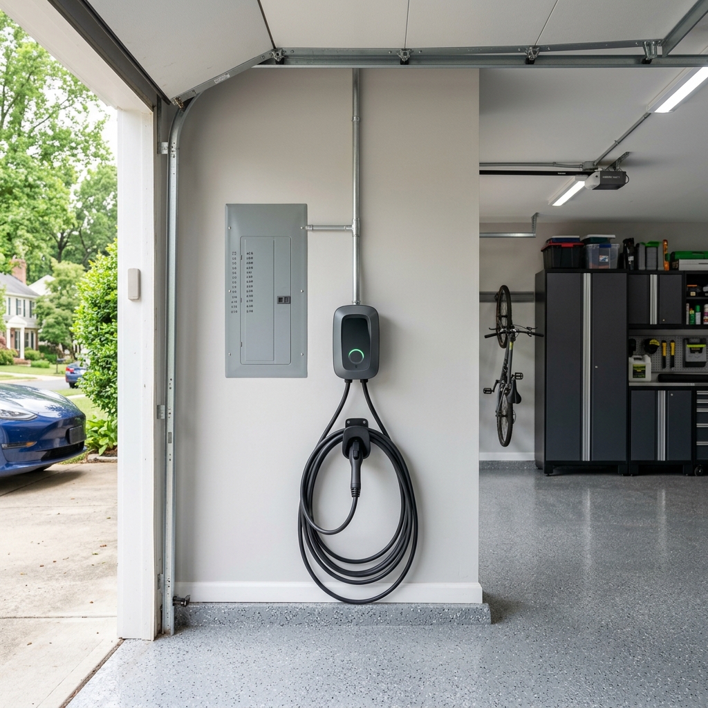 Electric vehicle charger mounted on a garage wall next to a breaker panel with a cable neatly coiled below. (Representative image for illustration purposes only. Actual vehicle may vary based on trim and configuration.)