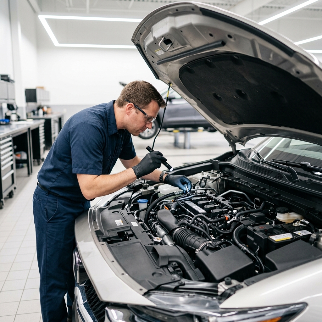 Mechanic in safety glasses and black gloves inspecting a car engine with a flashlight in a service shop. (Representative image for illustration purposes only. Actual vehicle may vary based on trim and configuration.)