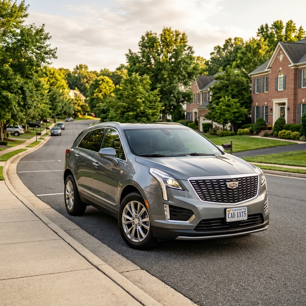 A silver Cadillac XT5 SUV parked along a sidewalk on a leafy suburban residential street. (Representative image for illustration purposes only. Actual vehicle may vary based on trim and configuration.)
