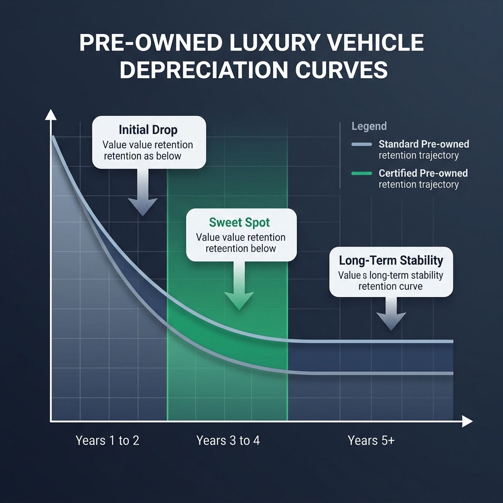 Line graph showing depreciation curves for standard vs certified pre-owned luxury vehicles over five-plus years. (Representative image for illustration purposes only. Actual vehicle may vary based on trim and configuration.)