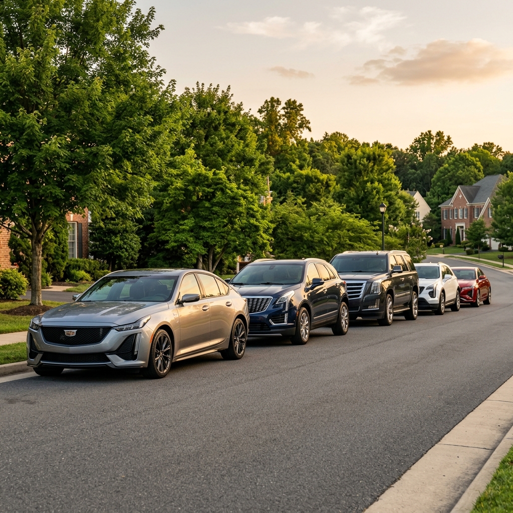 Five Cadillac cars and SUVs parked in a single row along a suburban street at sunset. (Representative image for illustration purposes only. Actual vehicle may vary based on trim and configuration.)