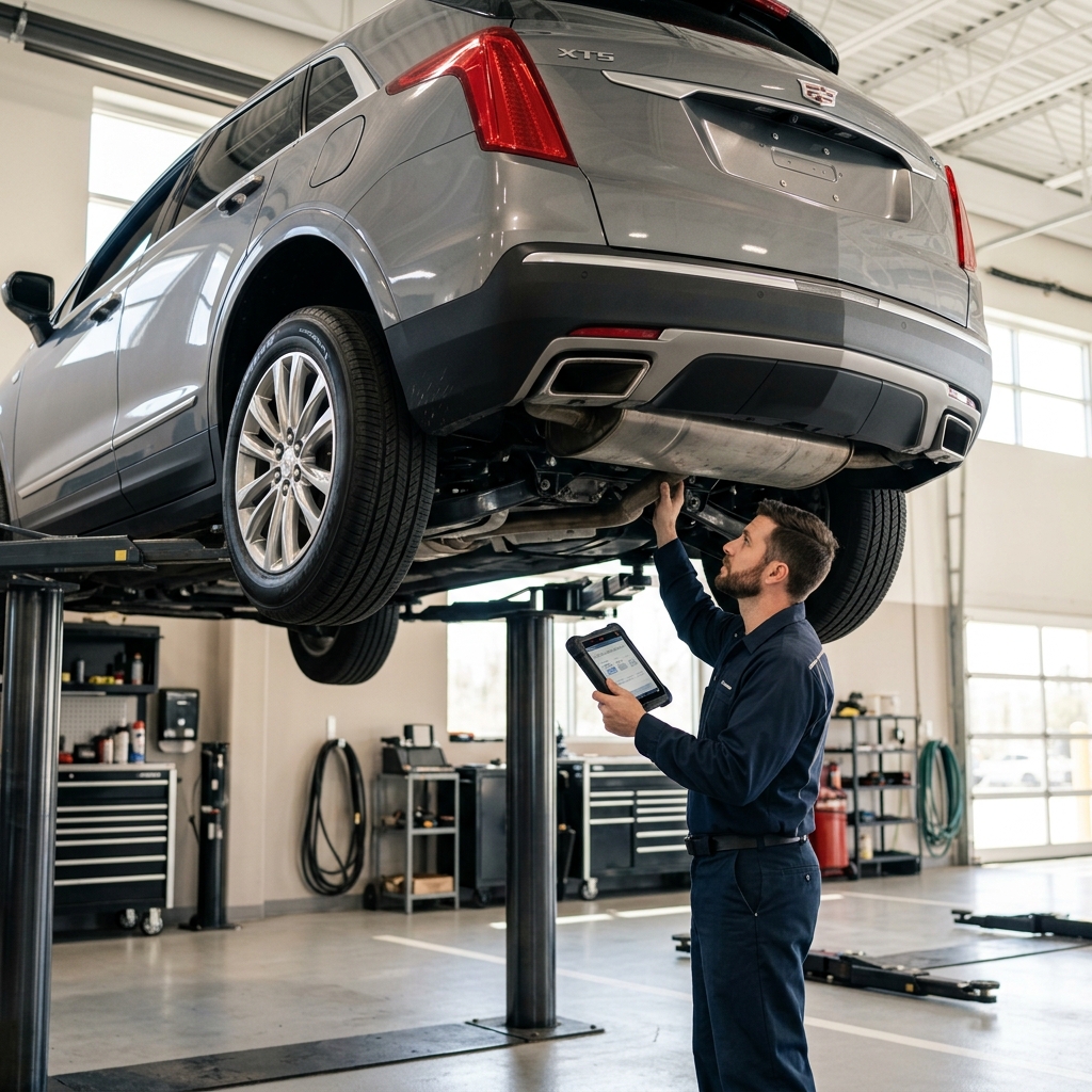 Mechanic inspecting the undercarriage of a grey Cadillac XT5 raised on a lift while holding a diagnostic tablet. (Representative image for illustration purposes only. Actual vehicle may vary based on trim and configuration.)
