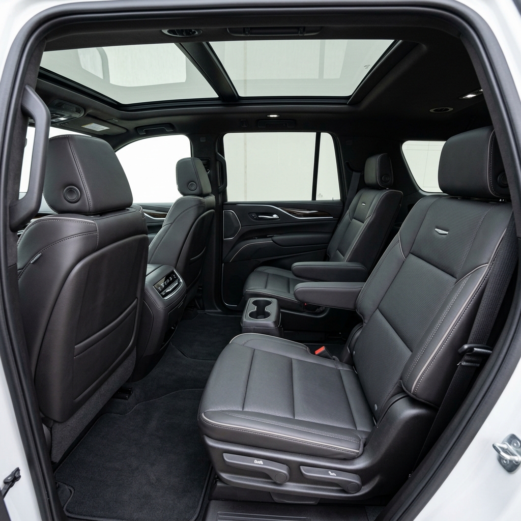 Spacious black leather interior of a luxury SUV featuring a panoramic sunroof and second-row captain's chairs. (Representative image for illustration purposes only. Actual vehicle may vary based on trim and configuration.)