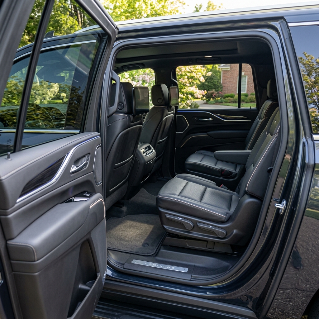 Open rear door view of a dark Cadillac SUV featuring black leather captain's chairs and headrest entertainment screens. (Representative image for illustration purposes only. Actual vehicle may vary based on trim and configuration.)