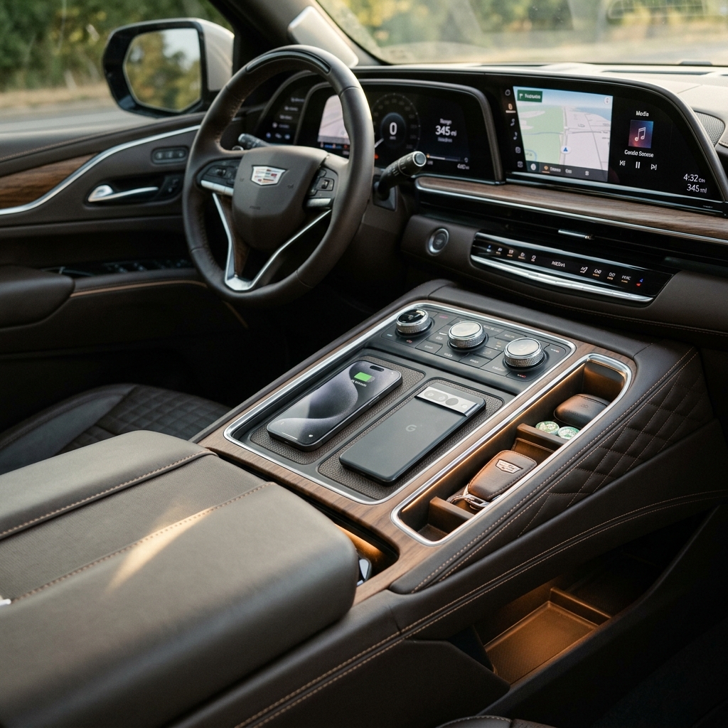 Modern Cadillac luxury interior showcasing a curved dashboard screen and center console with dual wireless charging pads. (Representative image for illustration purposes only. Actual vehicle may vary based on trim and configuration.)