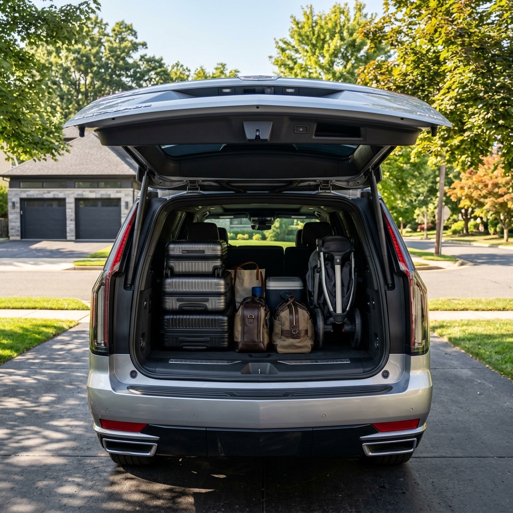 Open trunk of a silver SUV packed with hard-shell suitcases, duffel bags, a cooler, and a folded stroller. (Representative image for illustration purposes only. Actual vehicle may vary based on trim and configuration.)