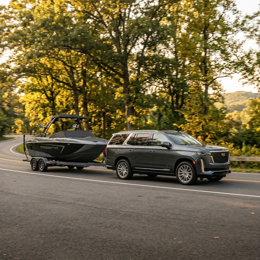 Dark gray Cadillac Escalade towing a matching speedboat on a trailer along a scenic forested road. (Representative image for illustration purposes only. Actual vehicle may vary based on trim and configuration.)
