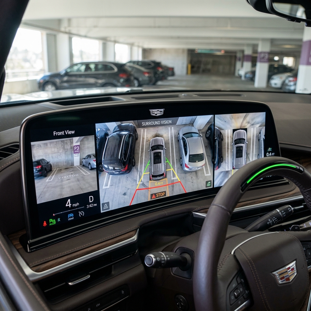 Cadillac interior dashboard displaying a 360-degree Surround Vision camera view on a large screen inside a parking garage. (Representative image for illustration purposes only. Actual vehicle may vary based on trim and configuration.)