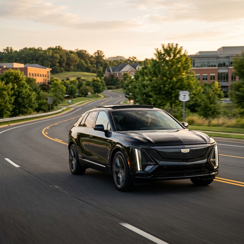 Black Cadillac Lyriq electric SUV driving along a curving suburban road at sunset. (Representative image for illustration purposes only. Actual vehicle may vary based on trim and configuration.)