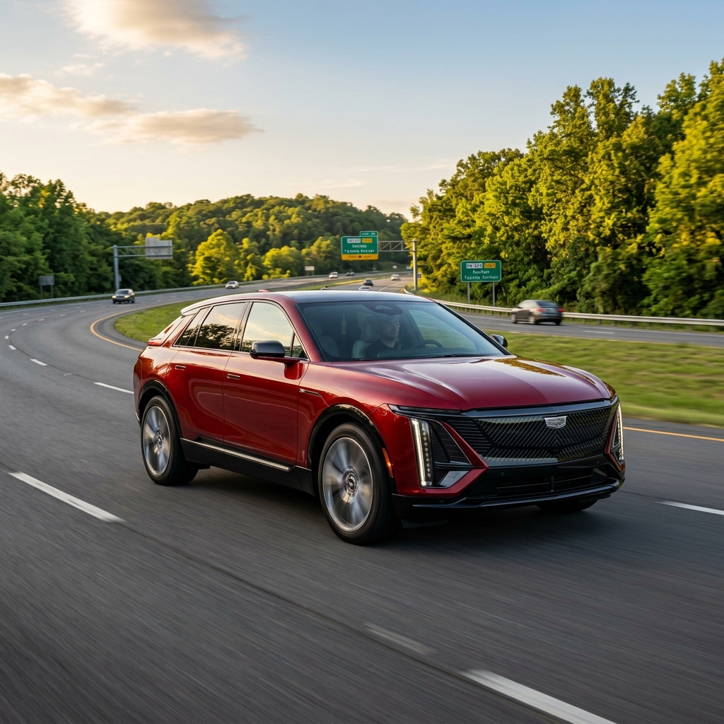 Red Cadillac Lyriq electric SUV driving on a dynamic open highway surrounded by green trees. (Representative image for illustration purposes only. Actual vehicle may vary based on trim and configuration.)