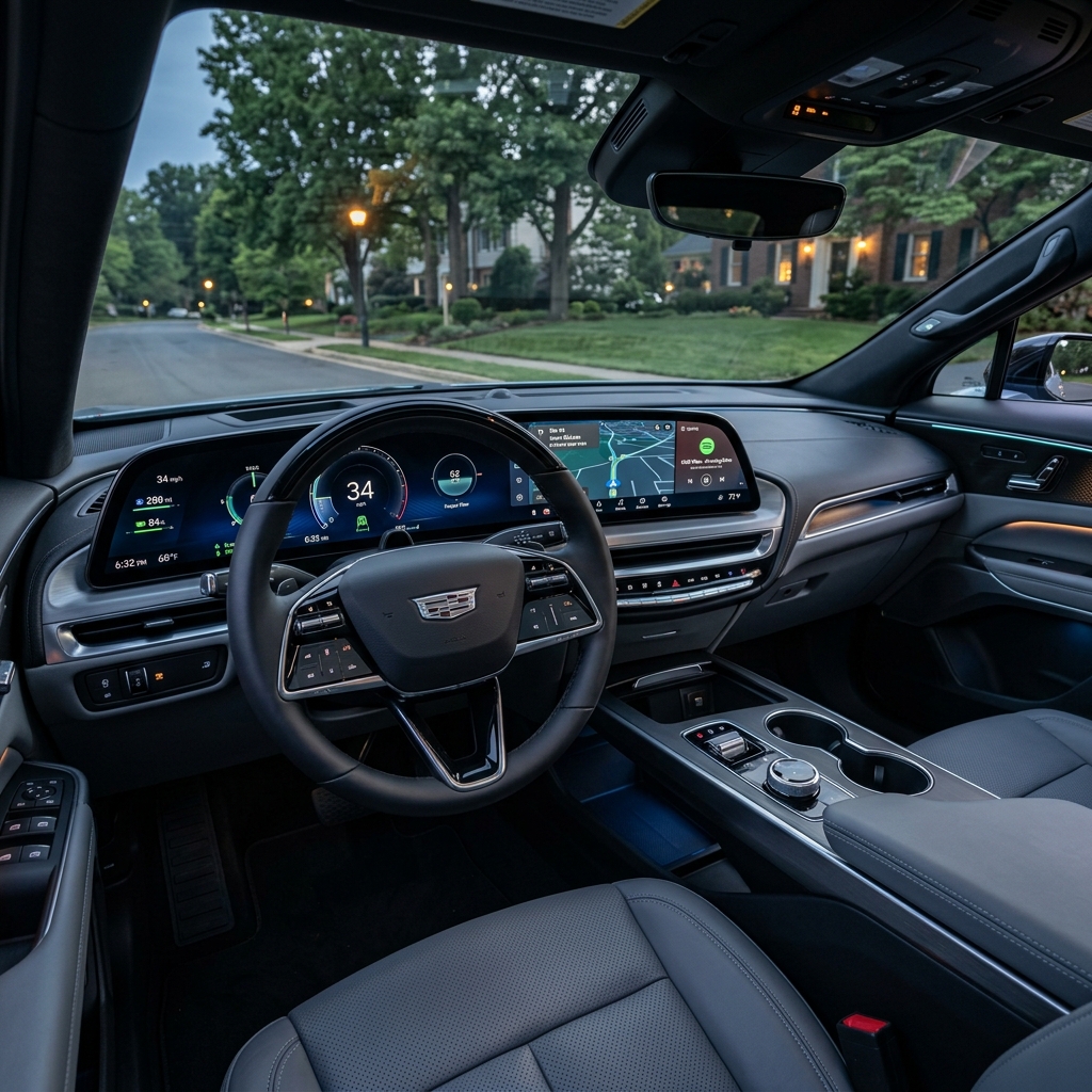 Driver's perspective inside a luxury Cadillac vehicle showing a wide curved digital dashboard screen at dusk. (Representative image for illustration purposes only. Actual vehicle may vary based on trim and configuration.)
