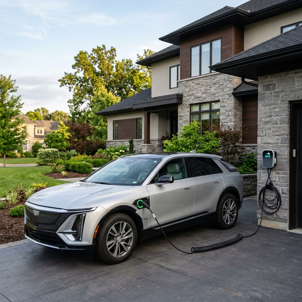 Silver electric Cadillac SUV plugged into a home EV charger mounted on a stone garage wall in a driveway. (Representative image for illustration purposes only. Actual vehicle may vary based on trim and configuration.)