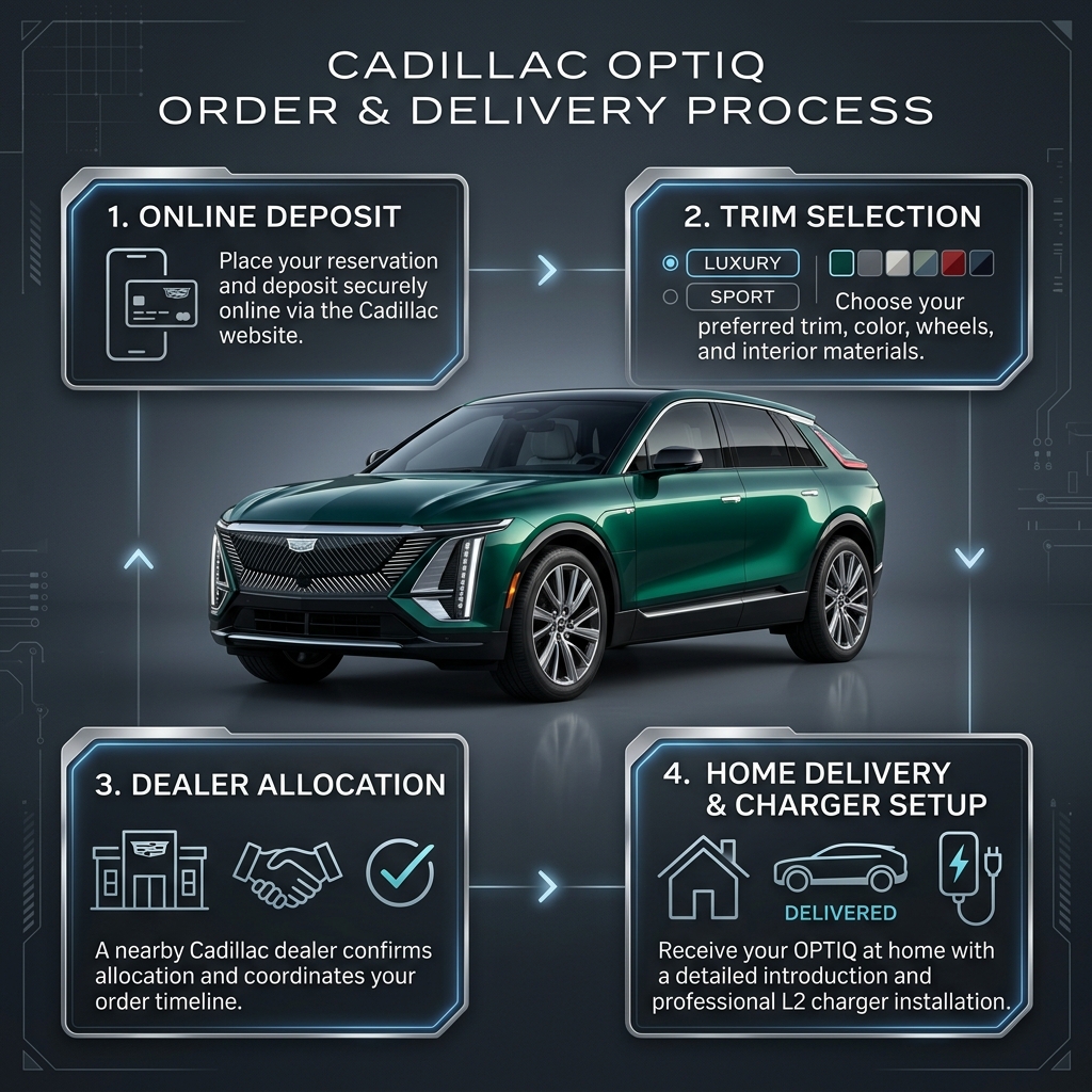Infographic displaying the four-step Cadillac OPTIQ order and delivery process around a green electric SUV. (Representative image for illustration purposes only. Actual vehicle may vary based on trim and configuration.)