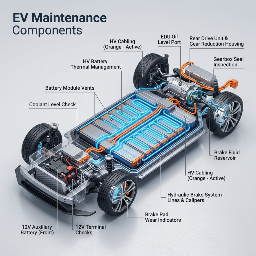 Diagram of an electric vehicle chassis highlighting maintenance components like the battery, coolant, and brakes. (Representative image for illustration purposes only. Actual vehicle may vary based on trim and configuration.)