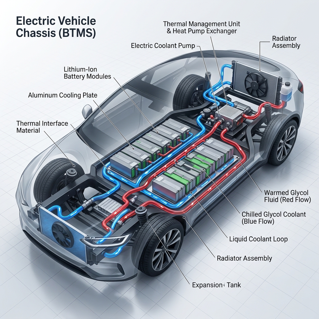 Cutaway diagram of an electric vehicle chassis showing the battery thermal management system with labeled coolant loops. (Representative image for illustration purposes only. Actual vehicle may vary based on trim and configuration.)