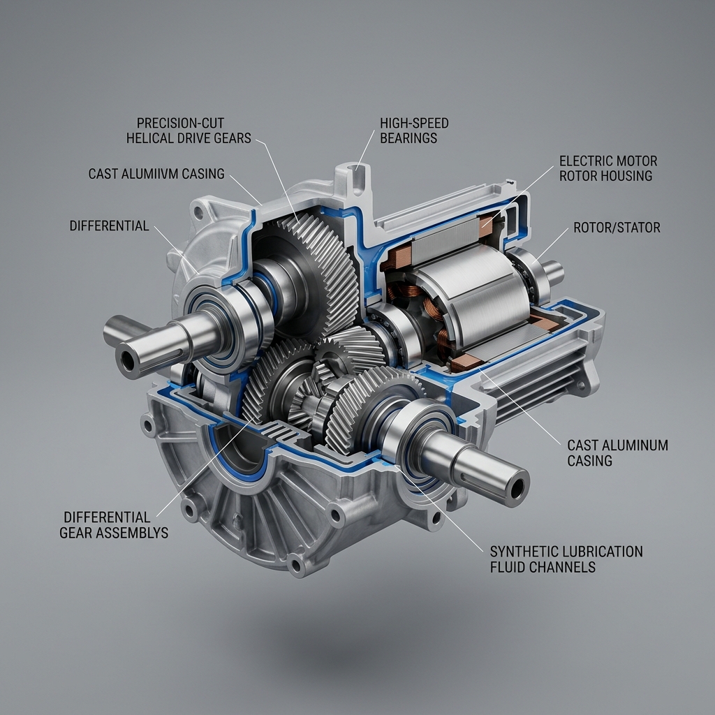 Cutaway diagram of an electric motor and differential assembly with labeled components like drive gears and bearings. (Representative image for illustration purposes only. Actual vehicle may vary based on trim and configuration.)