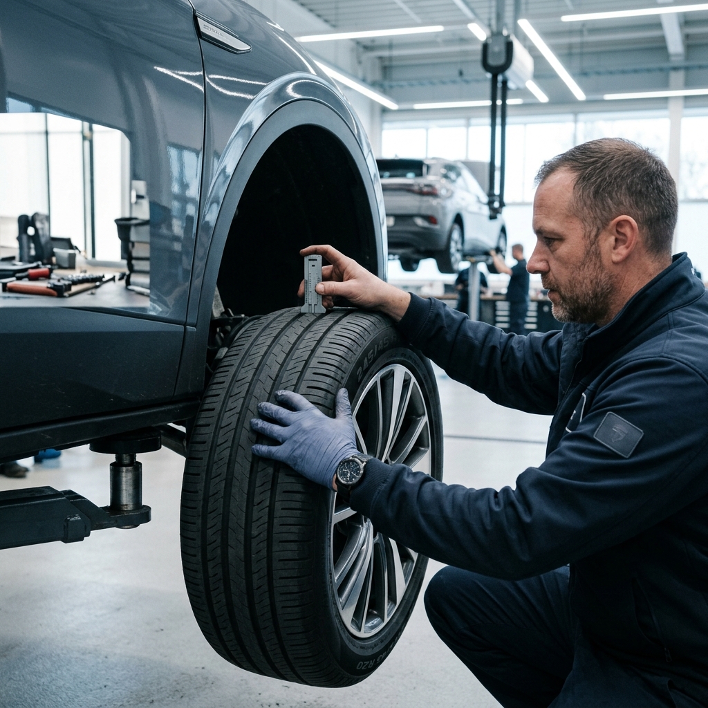 Mechanic using a tread depth gauge to check the tire wear on a car elevated on a hydraulic lift. (Representative image for illustration purposes only. Actual vehicle may vary based on trim and configuration.)