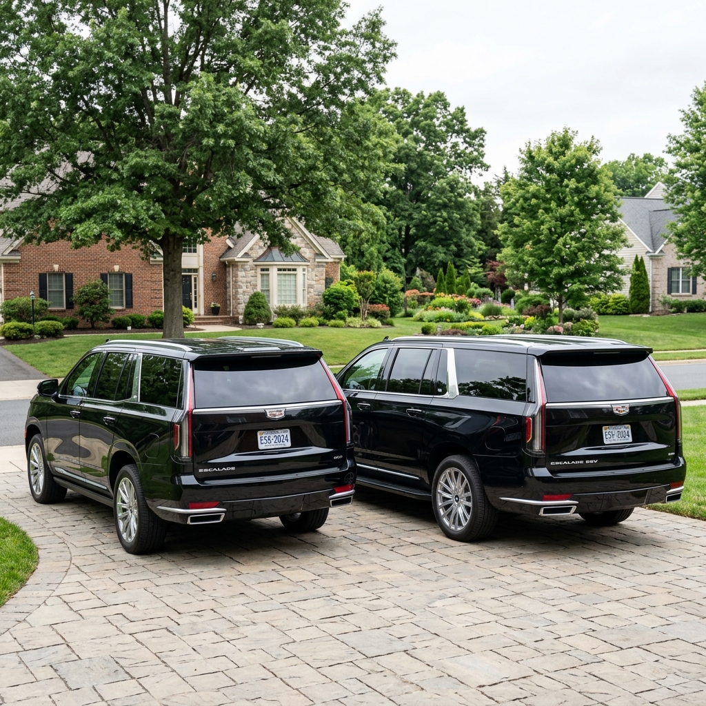 Two black Cadillac Escalade SUVs parked side by side on a paver driveway outside a suburban brick house. (Representative image for illustration purposes only. Actual vehicle may vary based on trim and configuration.)