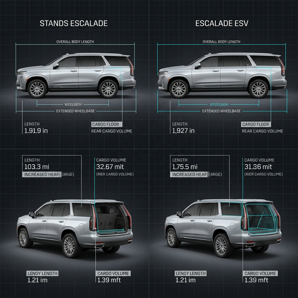 Infographic comparing side and rear dimensions of standard Cadillac Escalade and Escalade ESV SUVs. (Representative image for illustration purposes only. Actual vehicle may vary based on trim and configuration.)