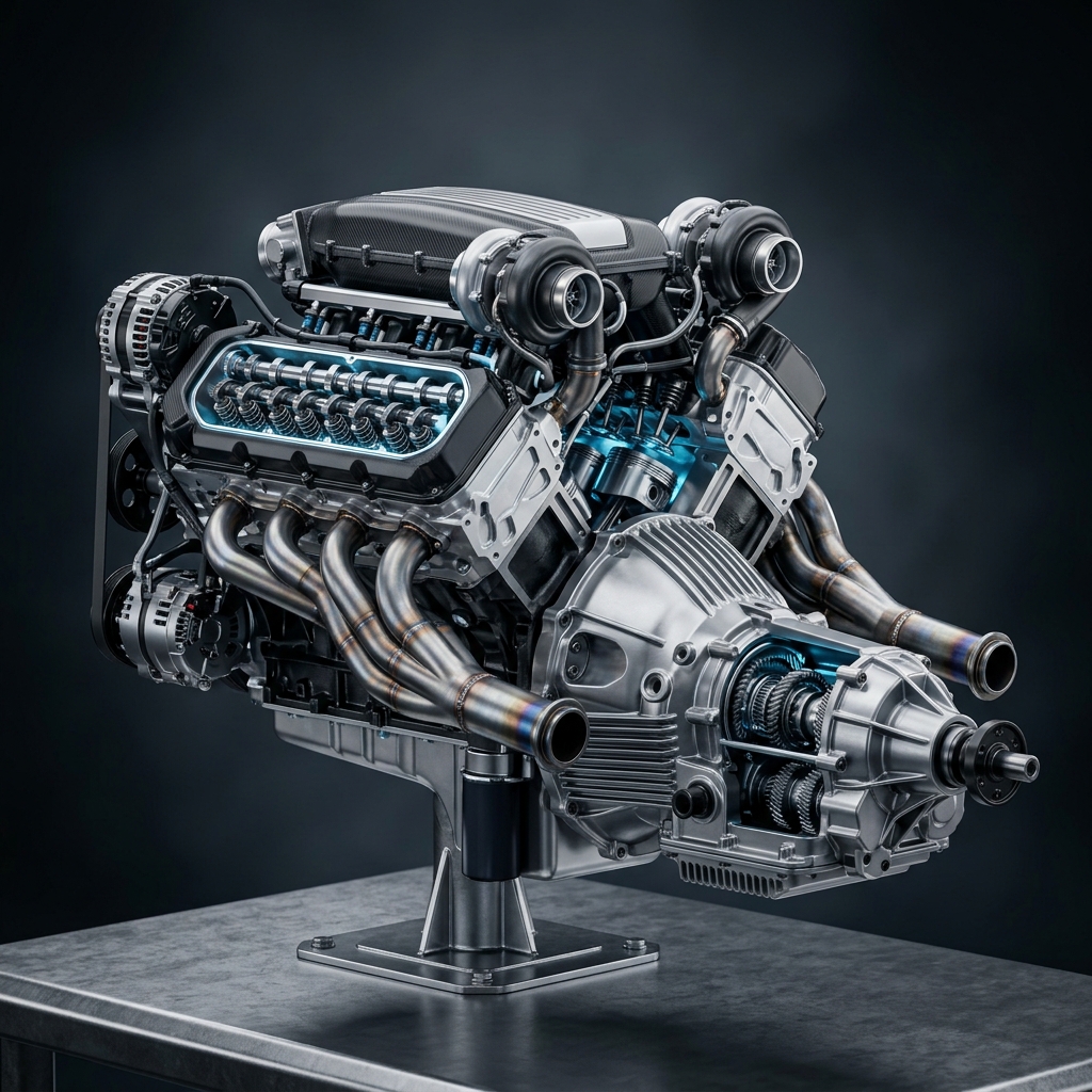 Detailed render of a twin-turbocharged V8 engine with exposed gears and glowing blue internal components on a stand. (Representative image for illustration purposes only. Actual vehicle may vary based on trim and configuration.)