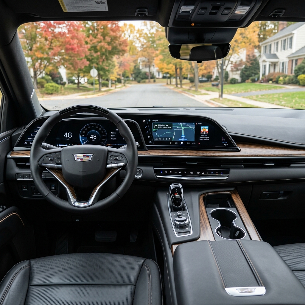 Driver's perspective inside a modern Cadillac SUV featuring a digital curved display and wood trim dashboard. (Representative image for illustration purposes only. Actual vehicle may vary based on trim and configuration.)