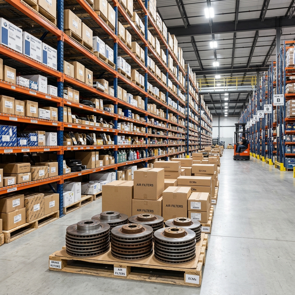 Stacks of metallic brake rotors and boxed air filters on a pallet in a spacious auto parts warehouse aisle. (Representative image for illustration purposes only. Actual vehicle may vary based on trim and configuration.)