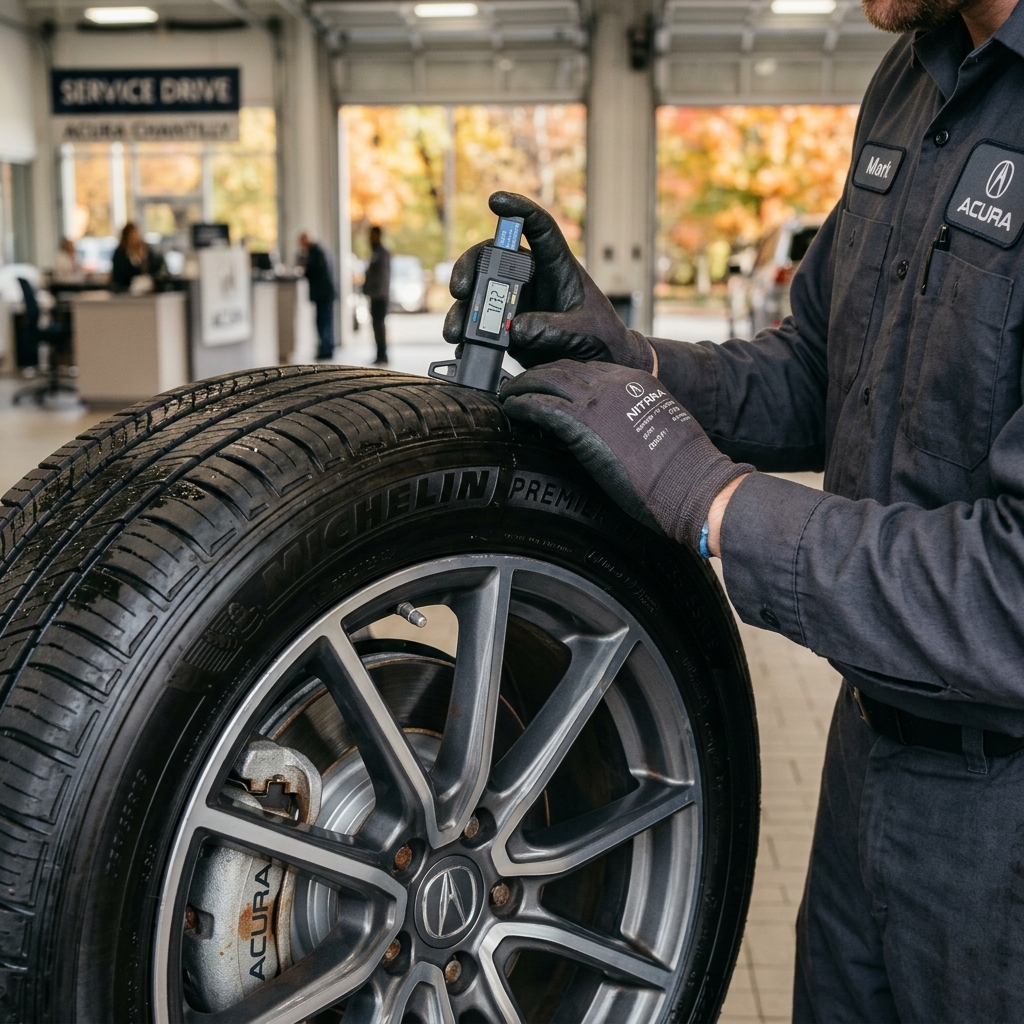 Mechanic in an Acura service bay measuring the tread depth of a Michelin tire using a digital gauge. (Representative image for illustration purposes only. Actual vehicle may vary based on trim and configuration.)