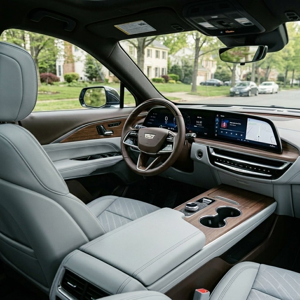 A clean, professional interior photograph of the 2026 Cadillac OPTIQ luxury electric SUV cabin, captured from a three-quarters angle from the front passenger seat towards the driver side dashboard. The view emphasizes the Sky Cool Gray synthetic leather upholstery with tailored stitching and authentic warm wood grain trim accents along the center console and door panels. A sleek, continuous glass curved display spans the refined dashboard, illuminated by soft morning light filtering through the windshield. Out the front windshield, a quiet suburban Northern Virginia neighborhood road is softly out of focus. The composition is balanced and elegant, highlighting modern vehicle architecture and premium tactile materials. (Representative image for illustration purposes only. Actual vehicle may vary based on trim and configuration.)