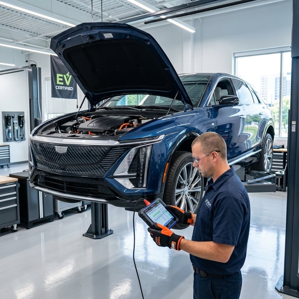 A professional automotive technician wearing high-voltage insulated safety gloves and protective eyewear stands in a clean, state-of-the-art service bay, performing a diagnostic scan on a modern metallic blue electric crossover SUV raised on a dual-post lift. The technician holds an illuminated digital diagnostic tablet showing abstract graphs and data interfaces, carefully monitoring the vehicle's high-voltage electrical architecture. Under the open hood, insulated orange high-voltage cables and thermal management components are cleanly presented. Bright, soft LED overhead lights illuminate the polished epoxy bay floor and organized work station. The eye-level medium shot captures the precision and high-tech expertise required for modern EV maintenance in a professional, contemporary automotive shop environment during late summer. (Representative image for illustration purposes only. Actual vehicle may vary based on trim and configuration.)