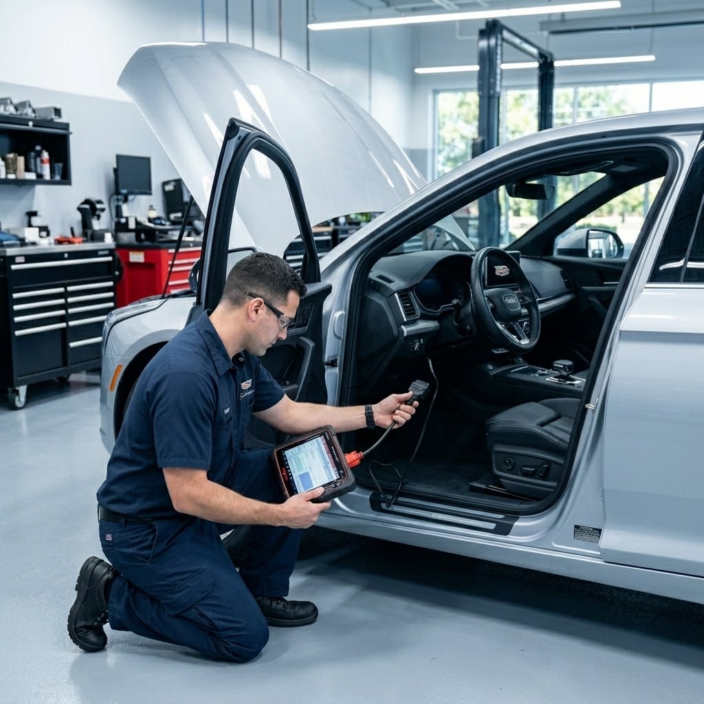 In a bright, contemporary automotive service bay, a focused service technician in clean professional dark blue work attire connects a high-tech diagnostic scanning device under the dashboard of a modern silver crossover SUV. The vehicle's hood is propped open, displaying a clean, well-maintained engine compartment under bright overhead LED lighting. Polished epoxy flooring and neatly organized tool cabinets form a crisp, modern workshop background with soft depth of field. The eye-level composition creates an authentic commercial aesthetic emphasizing precision vehicle maintenance, diagnostic accuracy, and technical expertise. (Representative image for illustration purposes only. Actual vehicle may vary based on trim and configuration.)