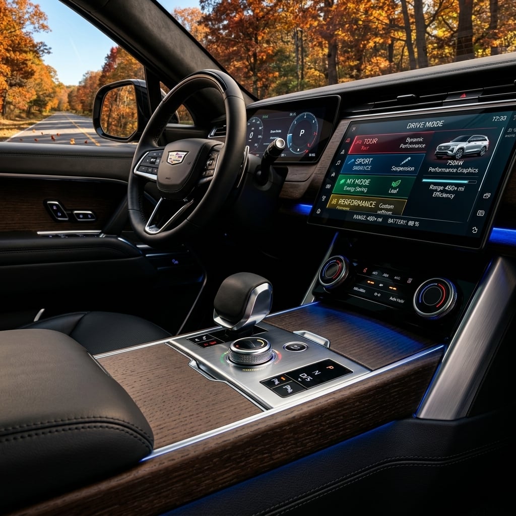 A detailed close-up shot of a modern luxury electric vehicle interior, focusing on the center console and high-definition digital interface displaying drive mode selections. The glowing digital display highlights distinct drive mode settings including dynamic performance and energy-saving modes with sleek, illuminated graphics and ambient LED backlighting along the textured console trim. Elegant brushed metal rotary controls and tactile surfaces are rendered with crisp clarity. Ambient light filters through tinted windows, casting subtle reflections across dark leather and metallic accents, creating a sophisticated, high-tech luxury atmosphere. No logos or text are visible on the surfaces. (Representative image for illustration purposes only. Actual vehicle may vary based on trim and configuration.)