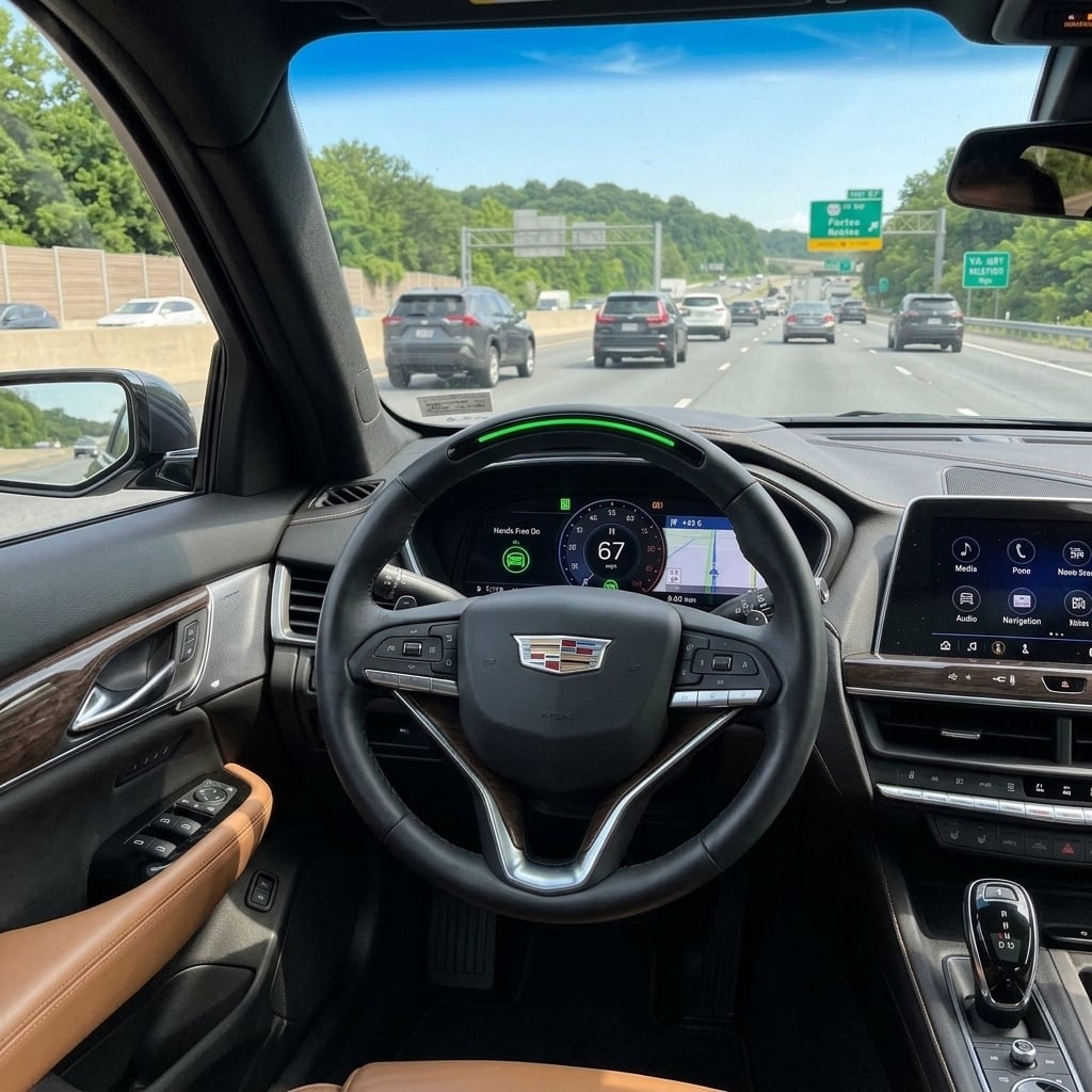 A driver's perspective interior photograph inside a modern pre-owned Cadillac cabin traveling along a multi-lane Northern Virginia suburban freeway. The primary focus is the premium leather-wrapped steering wheel, featuring a brilliant green LED light bar smoothly illuminated along its upper rim to indicate active hands-free driver assistance. The driver's hands are comfortably relaxed near the bottom of the wheel frame. Beyond the front windshield, bright summer daylight washes over the open highway framed by gentle rolling hills and lush suburban green trees. The cabin design highlights clean digital displays, soft contrast stitching, and brushed metallic trim with a refined, contemporary feel. (Representative image for illustration purposes only. Actual vehicle may vary based on trim and configuration.)