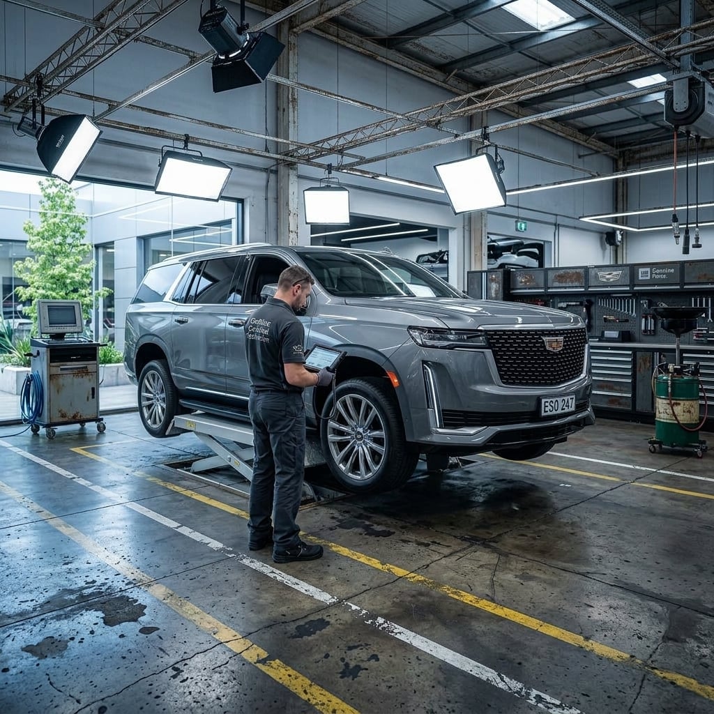 A commercial photograph of a full-size luxury SUV in metallic shadow gray being serviced inside a pristine, state-of-the-art service center. The vehicle rests on a low-profile lift over polished, glossy dark epoxy floors that reflect linear overhead LED lighting strips. A professional automotive technician in dark gray workwear works carefully near the front tire with modern, non-branded diagnostic tools. The scene features leading lines through the bay's clean architectural structure, showcasing high-tech equipment, organized tool cabinets, and bright, diffuse illumination. The atmosphere conveys precision, luxury engineering, and high-end automotive care with a cool, modern color palette. (Representative image for illustration purposes only. Actual vehicle may vary based on trim and configuration.)