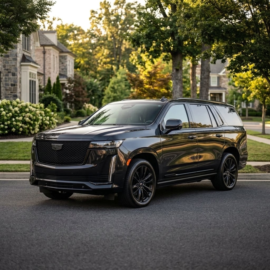 A crisp, high-end commercial photo of a 2026 Cadillac Escalade in a stunning full side profile view, highlighting its long, spacious body and commanding presence. The luxury SUV is finished in a glossy midnight dark gray metallic paint, catching the soft golden hour sunlight along its polished body lines and refined chrome accents. Parked along a clean, quiet suburban avenue in Northern Virginia during late summer, the background features softly blurred modern homes and lush green foliage. The composition is a balanced wide shot captured at eye level, showcasing the vehicle's expansive length, sophisticated silhouette, and sleek alloy wheels against the warm afternoon light. (Representative image for illustration purposes only. Actual vehicle may vary based on trim and configuration.)