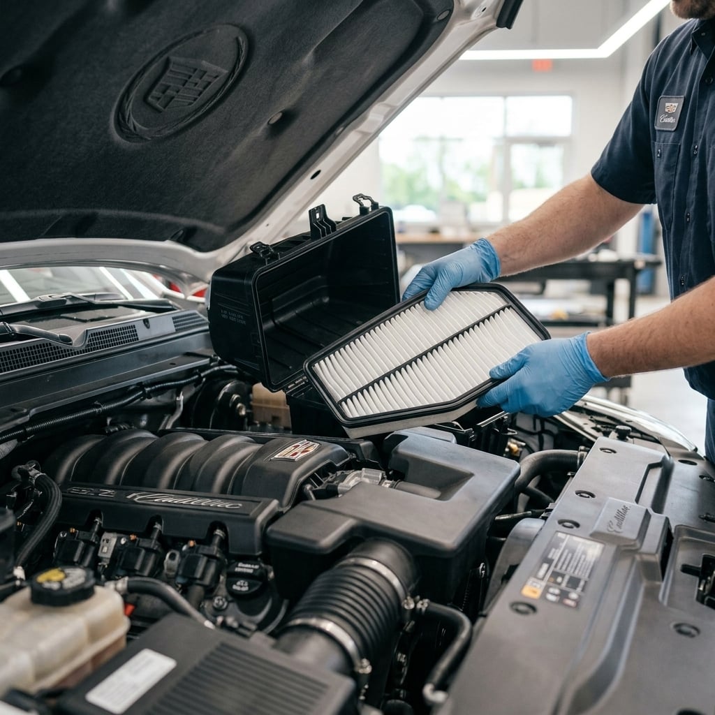 A detailed close-up photograph capturing an engine bay during routine maintenance in a clean, modern vehicle service environment. Gloved hands carefully place a fresh, clean white pleated engine air filter into an open black air box assembly. Soft, diffused overhead lighting combined with ambient daylight illuminates the crisp pleats of the filter and the intricate mechanical textures of the modern engine compartment. The shot features a shallow depth of field, bringing sharp focal emphasis to the new filter replacement while softly blurring the background. The aesthetic is clean, precise, and highly professional, utilizing a neutral-muted color palette with rich black, slate gray, and bright white tones. (Representative image for illustration purposes only. Actual vehicle may vary based on trim and configuration.)