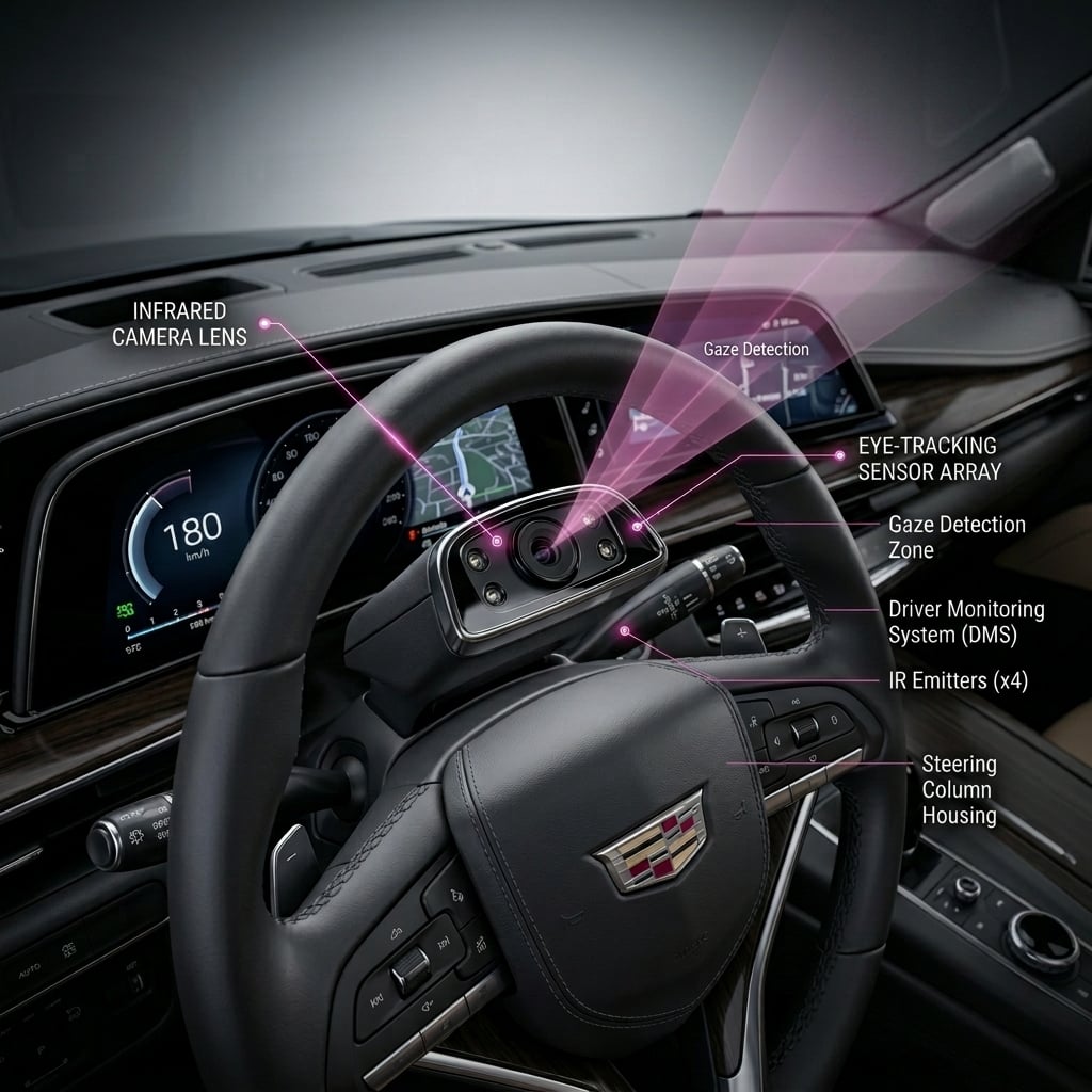 A detailed technical 3D cutout render highlighting the upper steering column sensor module of a luxury electric SUV cabin. The close-up perspective showcases the integrated infrared camera lens and eye-tracking sensor array nestled cleanly in black trim behind the leather-wrapped steering wheel. Subtle, translucent magenta infrared light cones radiate gently upward from the sensor module, demonstrating invisible gaze-tracking coverage. The background features a soft-focus view of the dark interior trim and curved digital display under smooth studio spotlighting. Graphical light lines and clean callout markers accent the optical camera component and IR emitters in a polished dark metallic aesthetic with deep charcoal, dark navy, and vibrant magenta color accents. (Representative image for illustration purposes only. Actual vehicle may vary based on trim and configuration.)