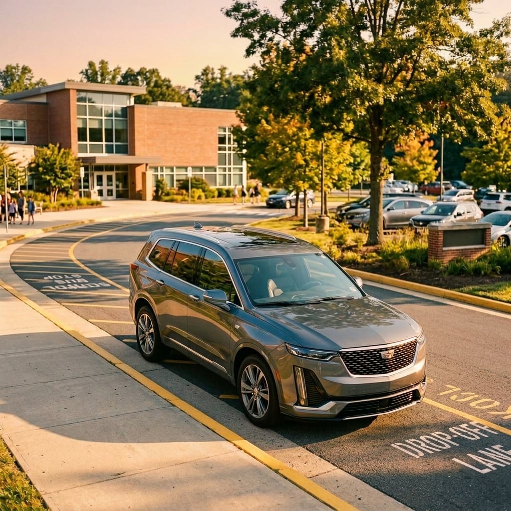 A stylish metallic dark grey luxury Cadillac three-row SUV parked along a modern suburban school drop-off lane in Northern Virginia during a sunny late-summer morning. Soft golden morning light illuminates the sleek body lines and refined exterior design of the vehicle. In the soft-focus background, a contemporary brick and glass school building stands surrounded by mature leafy trees and neat green suburban landscaping under a crisp clear sky. The dynamic wide-angle shot showcases the vehicle from an elevated three-quarter perspective, evoking an effortless family lifestyle atmosphere with no visible logos, license plates, or people. (Representative image for illustration purposes only. Actual vehicle may vary based on trim and configuration.)