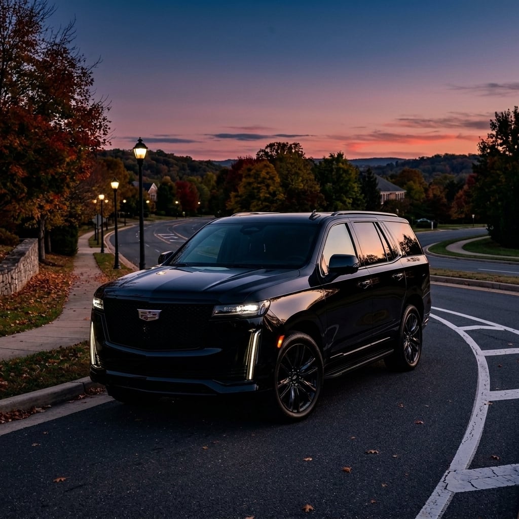 A commercial photograph of a 2025 Cadillac Escalade full-size luxury SUV parked along a quiet suburban roadway during twilight in Northern Virginia. The camera captures an elevated front three-quarter view, focusing on the commanding front facade, complex illuminated grille trim, and vertical LED daytime running lights that emit a sharp white glow into the dusk. The SUV is finished in deep metallic obsidian gray with polished chrome accents and large multispoke wheels. Cool evening twilight tones mix with warm lingering horizon light across rolling hills and autumn trees lining the road, creating sleek reflective highlights along the vehicle's sculpted side panels. (Representative image for illustration purposes only. Actual vehicle may vary based on trim and configuration.)