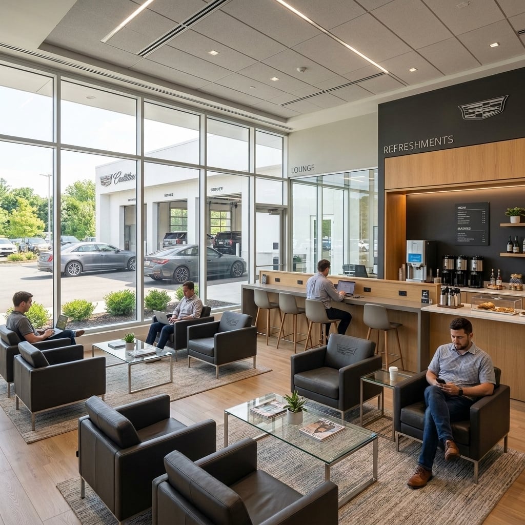 A wide-shot interior photograph of a modern, upscale dealership customer waiting lounge designed for suburban tech commuters. The space features stylish plush leather armchairs, minimalist glass-top coffee tables, and a dedicated work counter with integrated charging ports. In the background, a modern refreshment bar offers gourmet coffee dispensers and bottled water. Large floor-to-ceiling glass windows flood the clean room with soft natural daylight, offering a view of a tidy service drive under bright summer sunlight. The aesthetic is calm, professional, and refined with a neutral muted color palette, warm wood paneling, and brushed metal accents. (Representative image for illustration purposes only. Actual vehicle may vary based on trim and configuration.)