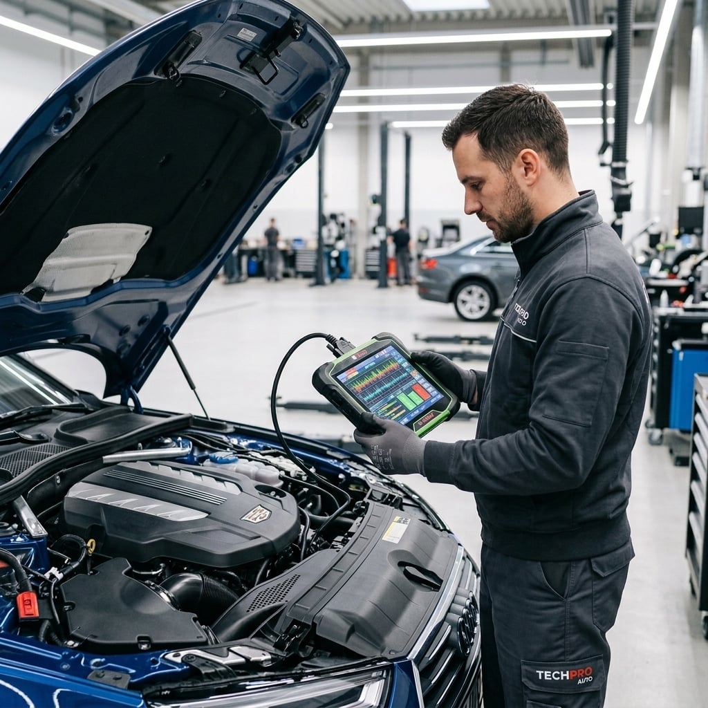 A professional automotive technician in a clean, brightly lit modern service bay performs a computer diagnostic check on a modern vehicle with its hood open. The technician holds a rugged digital tablet displaying colorful diagnostic status graphs and system wave lines, connected to the engine bay. Focused medium shot at eye level emphasizing precision tool usage, detailed engine components, clean metallic surfaces, and glowing diagnostic screen cues. Bright, soft diffused studio and bay LED lighting casting subtle reflections on silver and dark slate grey surfaces. Professional, crisp editorial automotive service photography with shallow depth of field, keeping background workshop elements softly blurred. (Representative image for illustration purposes only. Actual vehicle may vary based on trim and configuration.)