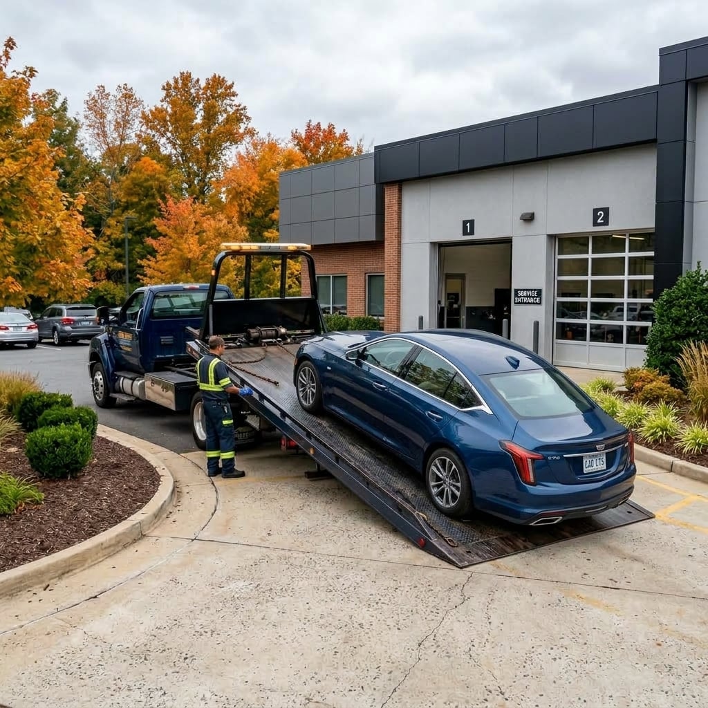 A professional commercial flatbed tow truck carefully unloads a sophisticated dark navy blue sedan onto the concrete driveway of a modern automotive service facility in suburban Chantilly, Virginia. The dynamic three-quarter wide shot captures the angled bed of the tow truck as the vehicle arrives for emergency diagnostic intake. Soft morning daylight diffuses across the scene under an overcast early autumn sky, highlighting the sleek metallic finish of the vehicle and the crisp, clean architectural lines of the service entrance. The surrounding landscape features neatly maintained greenery and subtle early fall foliage, establishing a realistic, high-quality service intake visual without logos or text. (Representative image for illustration purposes only. Actual vehicle may vary based on trim and configuration.)