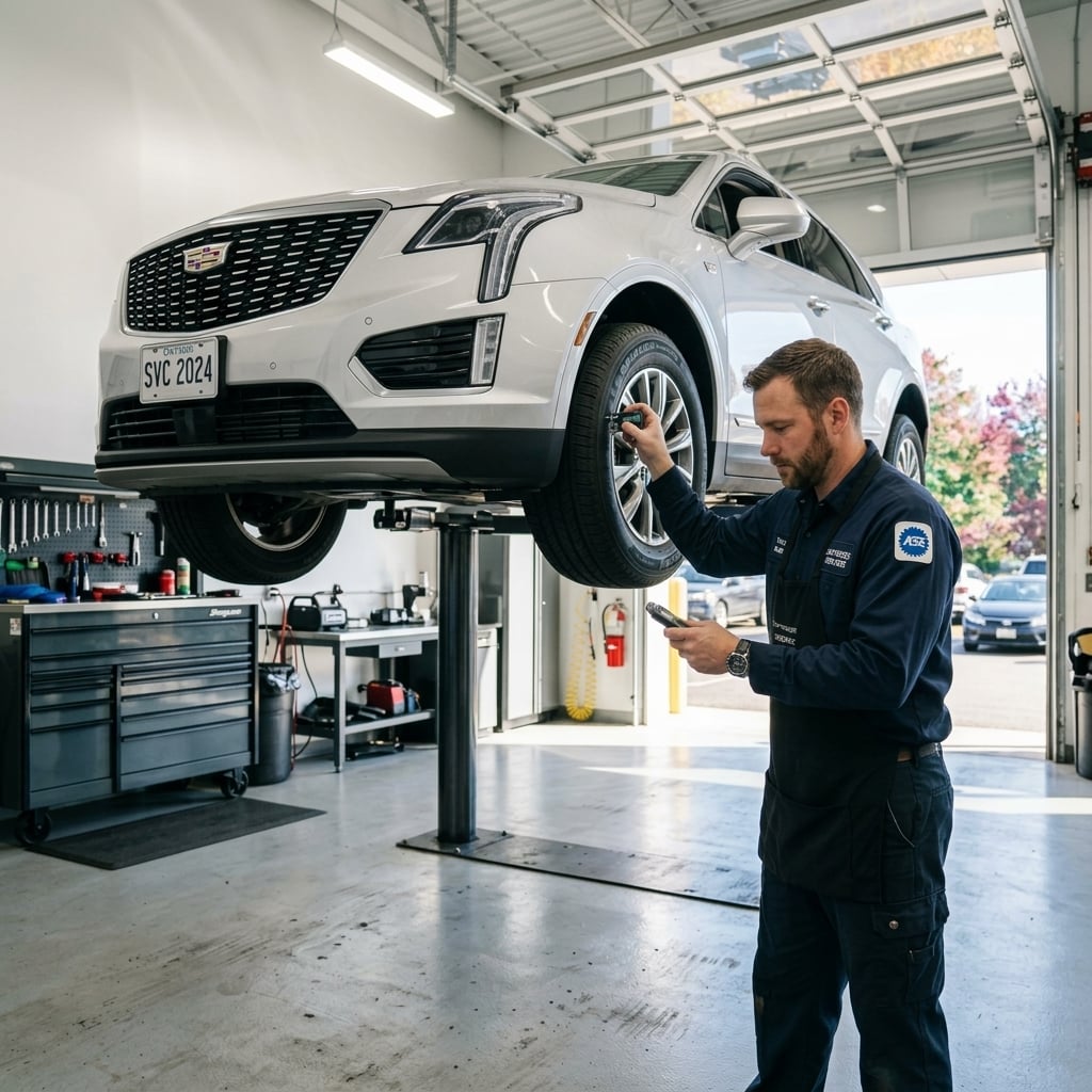 A professional automotive technician in dark navy work attire meticulously conducts a vehicle inspection inside a bright, well-organized express service bay. A modern silver midsize crossover SUV is safely raised on a hydraulic lift at eye level, bathed in clean, soft-diffused overhead LED lighting. The technician carefully checks the tread depth of a front tire using a precise gauge, with polished concrete floors and sleek gray tool cabinets in the soft-focus background. Shot from a dynamic three-quarters medium angle with a shallow depth of field, the scene emphasizes expertise, efficiency, and precision care in a contemporary workshop environment, with open bay doors revealing a crisp sunny autumn afternoon outside. (Representative image for illustration purposes only. Actual vehicle may vary based on trim and configuration.)