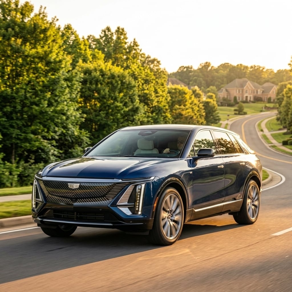 A crisp side profile photography shot of a sleek 2026 Cadillac OPTIQ electric SUV in a deep metallic navy finish, driving smoothly along a gently curving, tree-lined suburban road in Northern Virginia during late summer. The vehicle's aerodynamic lines, sculpted side panels, and modern floating roof silhouette are vividly defined by warm golden hour sunlight filtering through lush green deciduous trees. The background features rolling green suburban hills with soft depth of field bokeh, creating a clean commercial aesthetic that emphasizes luxury design and dynamic efficiency. (Representative image for illustration purposes only. Actual vehicle may vary based on trim and configuration.)