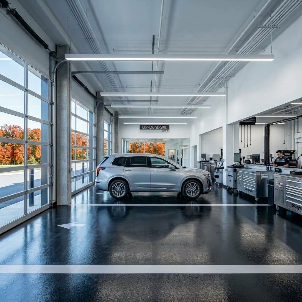 A wide-angle interior photograph of a pristine, state-of-the-art luxury automotive service center drive-in lane during a clear morning in Northern Virginia. A modern metallic grey luxury SUV sits gracefully on a polished dark epoxy floor inside a brightly lit express service bay. Large architectural glass garage doors reveal soft natural daylight from outside. The facility features spotless diagnostic equipment, organized tool bays, and high-efficiency LED overhead strip lighting reflecting off the vehicle's glossy bodywork. The atmosphere is professional, sleek, and exceptionally clean, conveying premium efficiency and meticulous care. (Representative image for illustration purposes only. Actual vehicle may vary based on trim and configuration.)