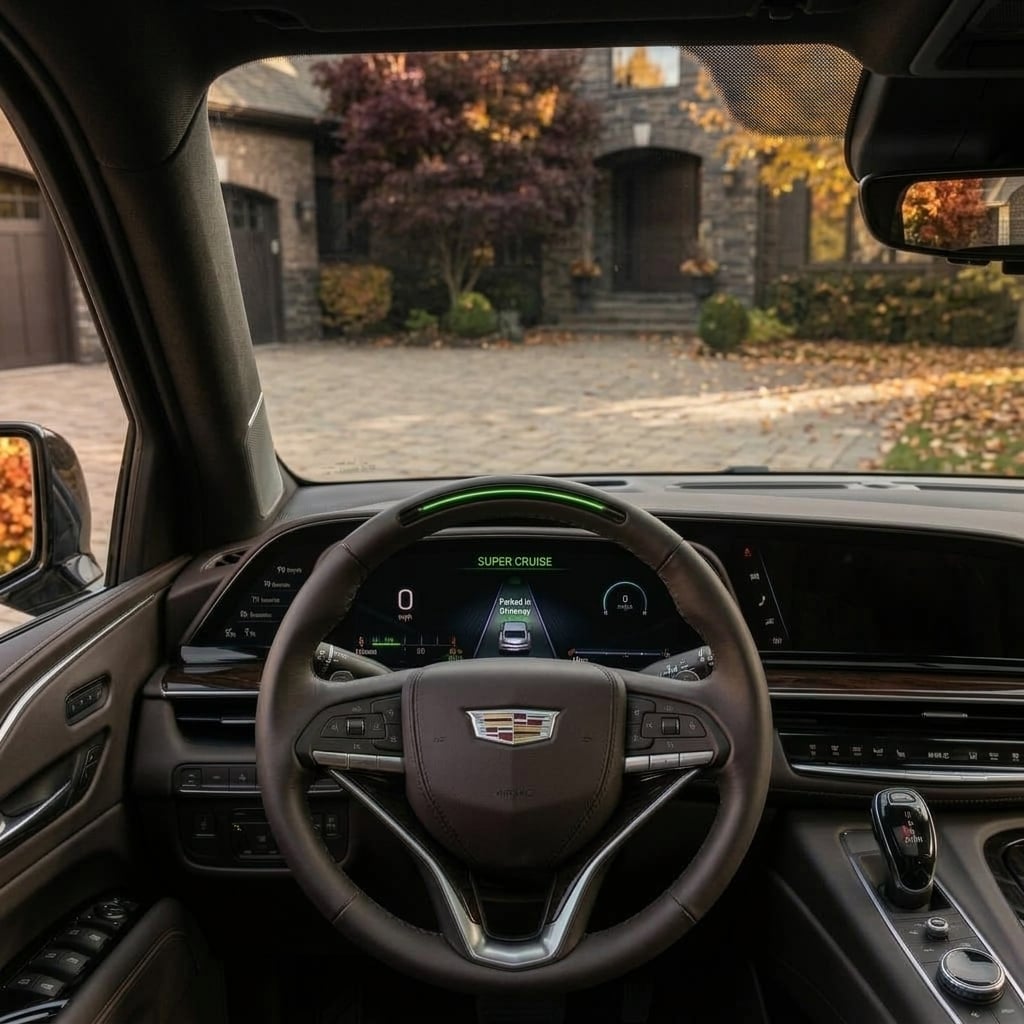 A driver's perspective close-up interior shot inside a modern luxury ESCALADE driving along a smooth Northern Virginia commuter parkway during late afternoon. The focal point is the digital driver display and leather-wrapped steering wheel, where an integrated light bar glows with a distinct, soft green illumination indicating active hands-free highway driving assistance. The high-resolution instrument cluster displays crisp digital telemetry and lane-centering visuals. Out the front windshield, soft-focus scenery reveals the gently rolling hills and lush early-autumn trees of the Piedmont region under a clear sky. The atmosphere is calm and serene, rendered in an elegant, editorial photography style with rich dark interior tones and soft natural daylight. (Representative image for illustration purposes only. Actual vehicle may vary based on trim and configuration.)