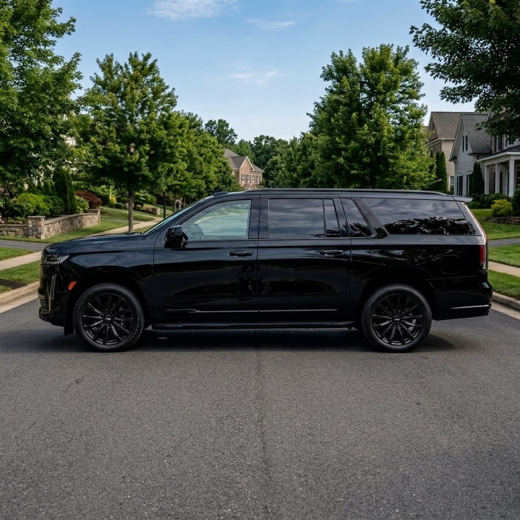 A crisp side-profile commercial photograph of a 2025 Cadillac Escalade ESV full-size luxury SUV finished in metallic dark slate gray. The camera captures a precise eye-level side profile along a modern suburban tree-lined street in Northern Virginia on a clear summer morning. The visual highlights the extended wheelbase silhouette, detailing the elongated rear passenger doors, stretched roofline, and enlarged rear quarter cargo glass behind the C-pillar. Natural daylight reflects off the sculpted body panels, high-gloss accents, and polished aluminum wheels. The image emphasizes high-end proportions, family versatility, and spacious cargo capacity without any text, logos, or license plates. (Representative image for illustration purposes only. Actual vehicle may vary based on trim and configuration.)