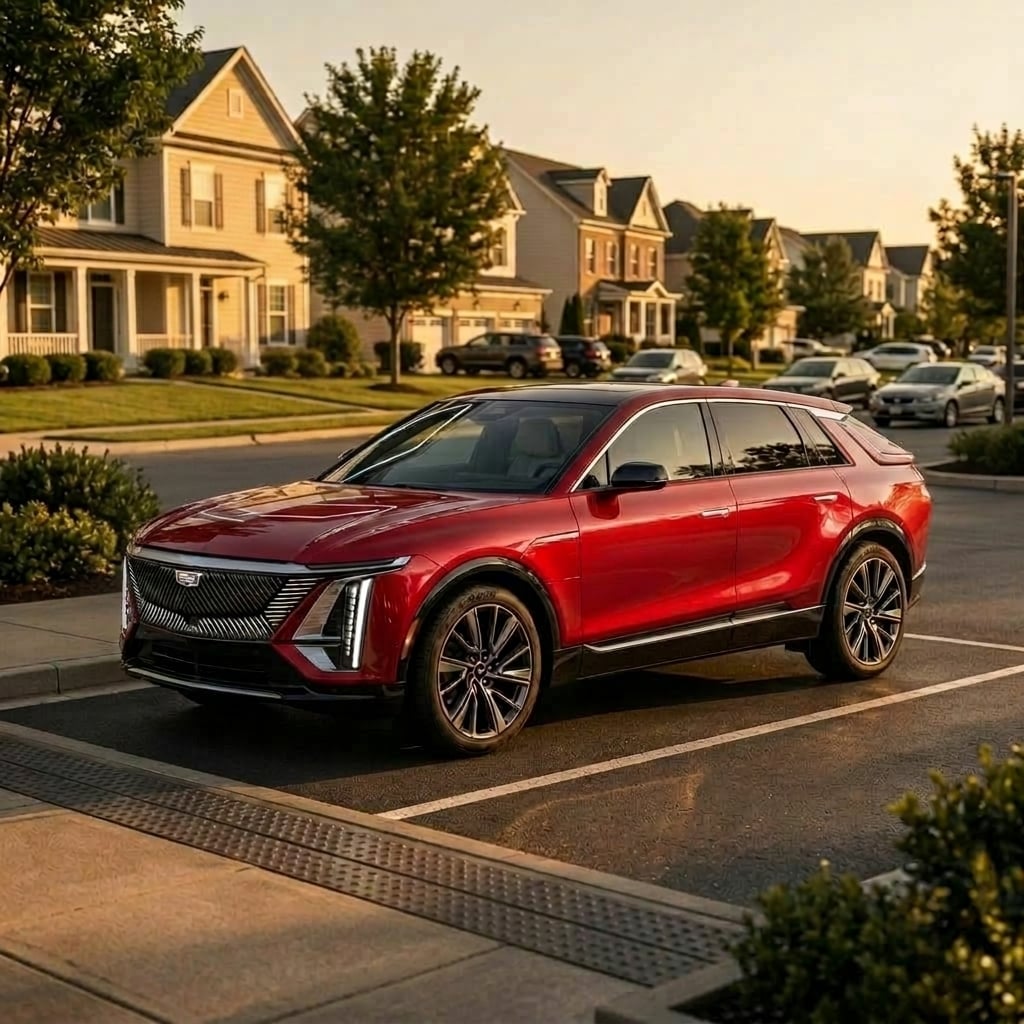 A three-quarter dynamic shot of a 2026 Cadillac LYRIQ electric SUV finished in a shimmering metallic celestial blue, parked at a high-tech EV charging port. No text, logos, or license plates. (Representative image for illustration purposes only. Actual vehicle may vary based on trim and configuration.)